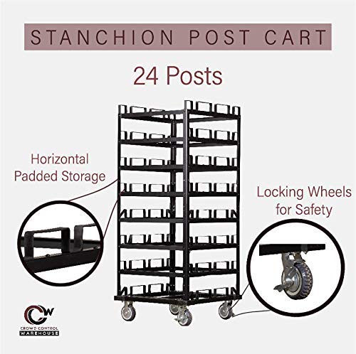 Trafford Industrial Stanchion Post Cart, 24 Posts, Horizontal Padded Storage and Locking Wheels for Safety