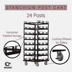 Trafford Industrial Stanchion Post Cart, 24 Posts, Horizontal Padded Storage and Locking Wheels for Safety