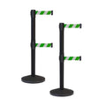 Crowd Control Warehouse CCW Series RBB-100D Set of 2 Stanchion Retractable Belt Barriers - Sloped Base, 11 Foot, Green and White Diagonal Dual Belt with Black Post - Easy Assembly