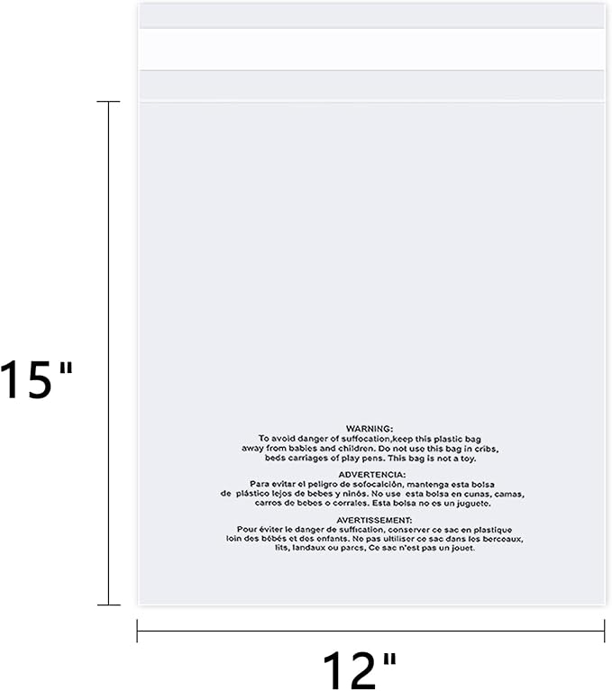 iMailer - 200 Count - 12" x 15" Clear Plastic Poly Bags with Suffocation Warning for Clothing, T-Shirts,Shipping, Packaging - Resealable Adhesive,Not Strong