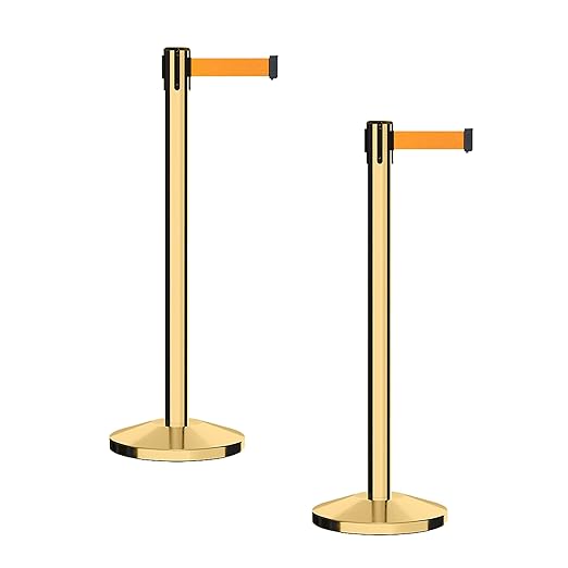 CCW Series RBB-100 - Set of 2 Stanchion Retractable Belt Barriers (7.5 Foot Belt, Fluorescent Orange Belt with Polished Brass Post)