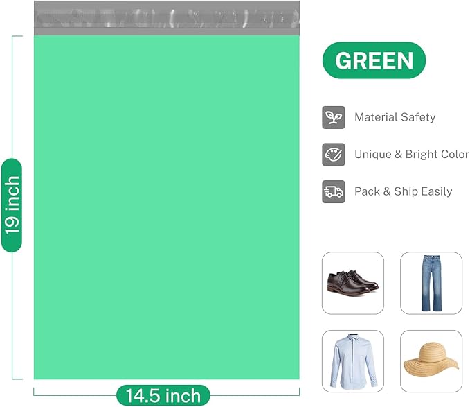 Metronic Poly Mailers 14.5x19 100 Pcs | Medium Size Shipping Bags for Clothes | Large Poly Mailer Bags, Shipping Envelopes, Mailing Bags for Small Business, Strong Adhensive Poly Bags Green
