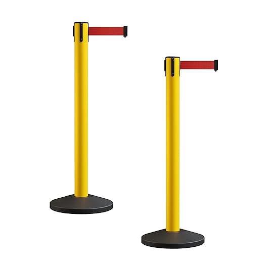 Crowd Control Warehouse CCW Series RBB-150 - Set of 2 Stanchion Retractable Belt Barriers - 16 Foot, Red Belt with Yellow Post - Easy Assembly