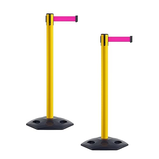 Crowd Control Warehouse CCW Series WBB-200 - Set of 2 Stanchion Retractable Belt Barriers - 11 Foot, Fluorescent Pink Belt with Yellow Post - Easy Assembly