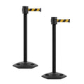 Montour Line MSR760 Set of 2 Retractable Belt Barrier Stanchion, Rubber Base, Black Powder Coated Post (35 ft Black & Yellow Diagonal Belt)