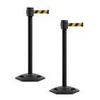 Montour Line MSR760 Set of 2 Retractable Belt Barrier Stanchion, Rubber Base, Black Powder Coated Post (35 ft Black & Yellow Diagonal Belt)