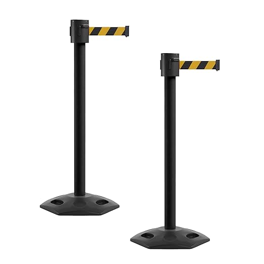 Montour Line MSR760 Set of 2 Retractable Belt Barrier Stanchion, Rubber Base, Black Powder Coated Post (35 ft Black & Yellow Diagonal Belt)