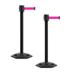 Montour Line MSR760 Set of 2 Retractable Belt Barrier Stanchion, Rubber Base, Black Powder Coated Post (35 ft Fluorescent Pink Belt)