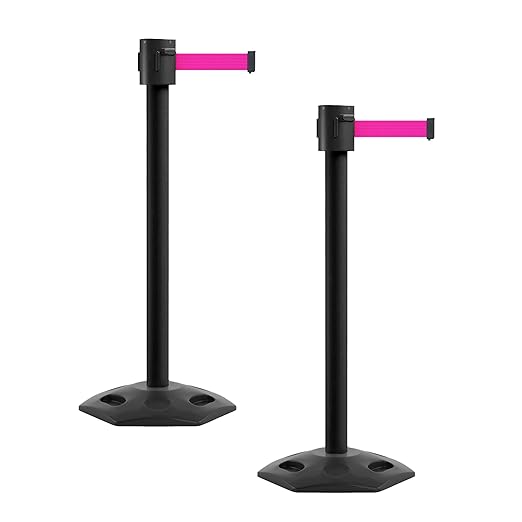 Montour Line MSR760 Set of 2 Retractable Belt Barrier Stanchion, Rubber Base, Black Powder Coated Post (35 ft Fluorescent Pink Belt)