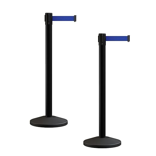 Crowd Control Warehouse CCW Series RBB-100 - Set of 2 Stanchion Retractable Belt Barriers - 9 Foot, Dark Blue Belt with Black Post - Easy Assembly