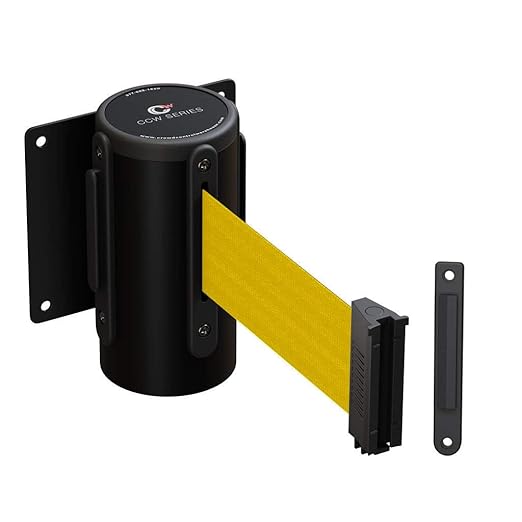 Crowd Control Warehouse - CCW Series WMB-125 Fixed Wall Mount Retractable Belt Barrier with Black Steel Case, Yellow Belt, 11' Belt Length, Solid Color
