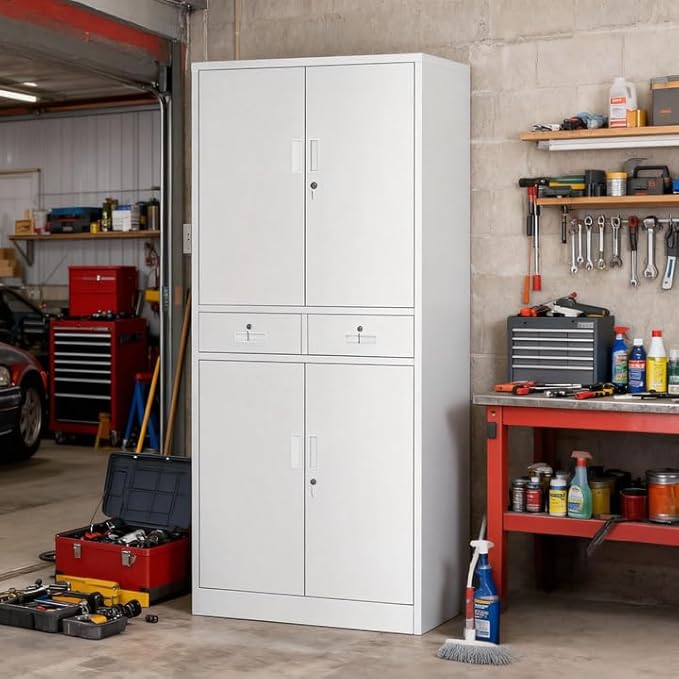 Metal Storage Cabinet with 2 Drawers 71" H,White Metal Garage Cabinets with 2 Lockable Doors and Adjustable Shelves Easy to Assemble for Home Office, Kitchen,Pantry,Garage,Warehouse