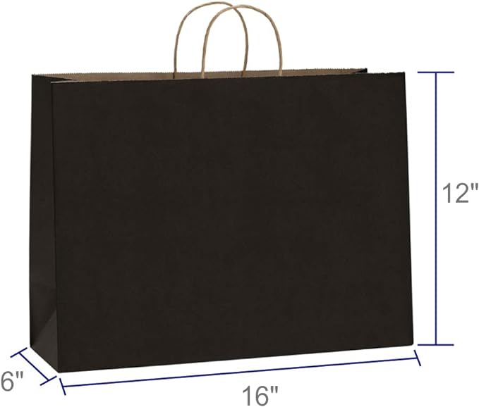 BagDream 100Pcs 16x6x12 Inches Kraft Paper Bags with Handles Bulk, Large Shopping Bags for Gifts, Grocery, Merchandise, Party Favor, Take-out, Recycled Black Black Paper Sacks