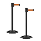 Montour Line MSR760 Set of 2 Retractable Belt Barrier Stanchion, Rubber Base, Black Powder Coated Post (35 ft Orange Belt)