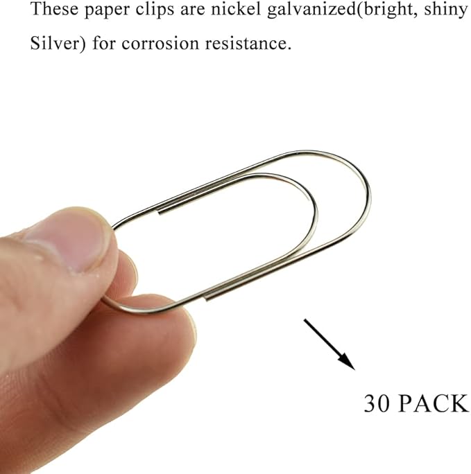 HAHIYO Paper Clips Sturdy 2 inches Length 30 Pack Wide Paperclips Heavy Duty Tight Grip Rust Proof Reusable Metal Bright Silver for Home Office School