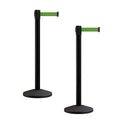 Crowd Control Warehouse CCW Series RBB-100 - Set of 2 Stanchion Retractable Belt Barriers - 9 Foot, Green Belt with Black Post - Easy Assembly