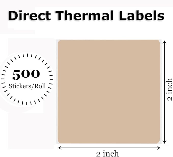 2" x 2" Thermal Labels Stickers Brown, Square Thermal Shipping Stickers, Multipurpose Inventory Self-Adhesive Direct Thermal Label for Small Business (500 Labels/Roll)