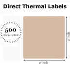 2" x 2" Thermal Labels Stickers Brown, Square Thermal Shipping Stickers, Multipurpose Inventory Self-Adhesive Direct Thermal Label for Small Business (500 Labels/Roll)