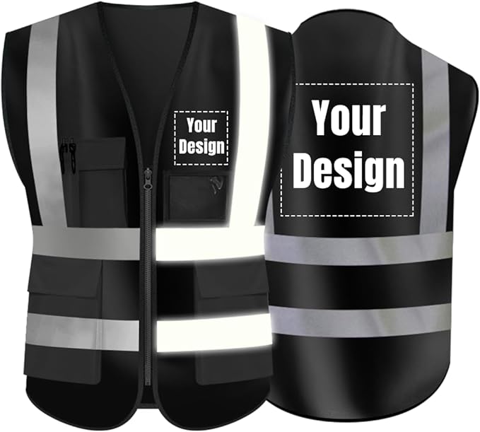 YOWESHOP High Visibility Safety Vest Custom Your Logo Protective Workwear 5 Pockets With Reflective Strips Outdoor Work Vest (Black (M))