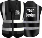 YOWESHOP High Visibility Safety Vest Custom Your Logo Protective Workwear 5 Pockets With Reflective Strips Outdoor Work Vest (Black (3XL))