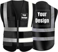 YOWESHOP High Visibility Safety Vest Custom Your Logo Protective Workwear 5 Pockets With Reflective Strips Outdoor Work Vest (Black (L))