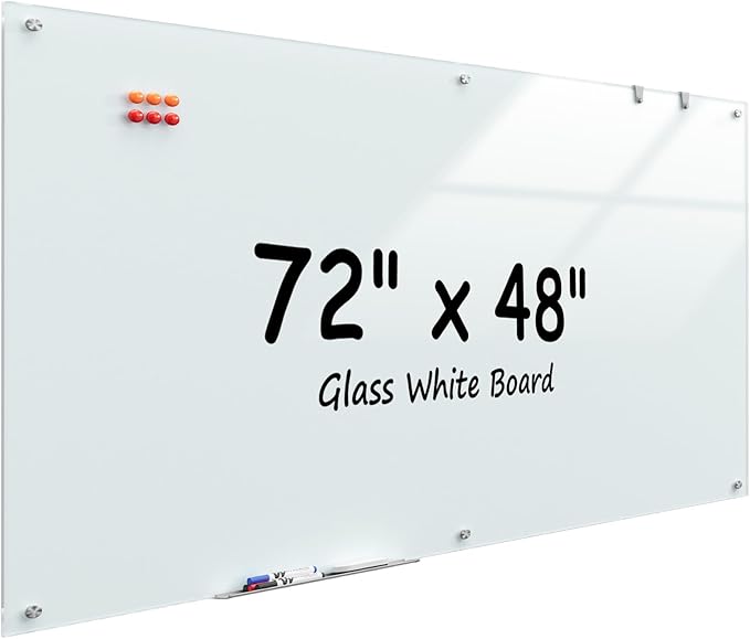 MaxGear Glass Whiteboard 72" x 48"(6' x 4') Wall Mounted, Magnetic White Board with 1 Eraser, 1 Accessory Tray, 4 Markers and 6 Magnets, Extra Large Frameless Dry Erase Board for Office, School, Home