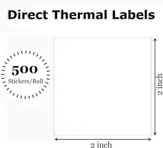 2" x 2" Thermal Labels Stickers White, Square Thermal Shipping Stickers, Multipurpose Inventory Self-Adhesive Direct Thermal Label for Small Business (500 Labels/Roll)