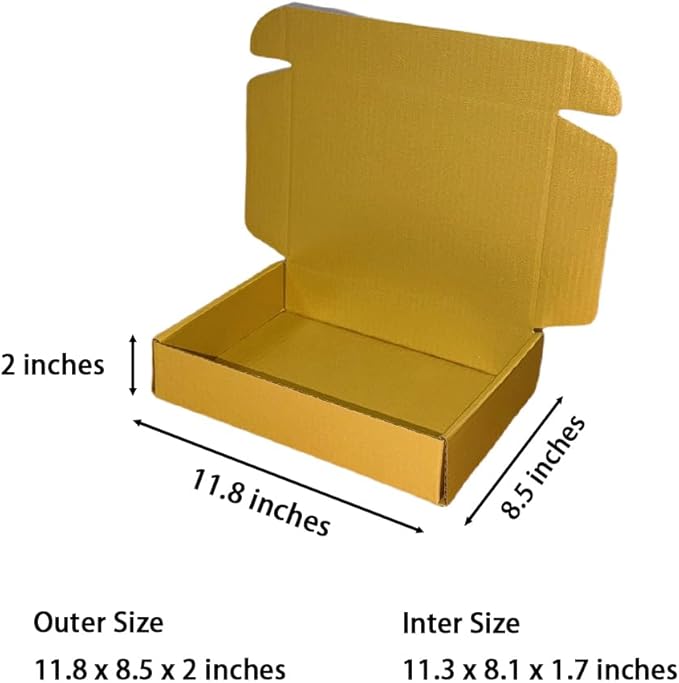 50 Pcs 11.8 x 8.5 x 2 inches Large Size Corrugated Cardboard Gift Boxes Recyclable Shipping Boxes for Packing Jewelry Ornament Gift Craft Packaging Supplier (Gold, 11.8 x 8.5 x 2")