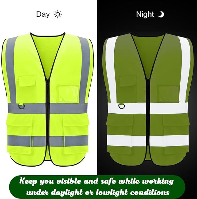 Safety Vest 5 Pack Customize Logo Class 2 High Visibility Reflective Vest with 5 Pockets Construction Security Work Vest ANSI/ISEA Standards（Yellow，S）