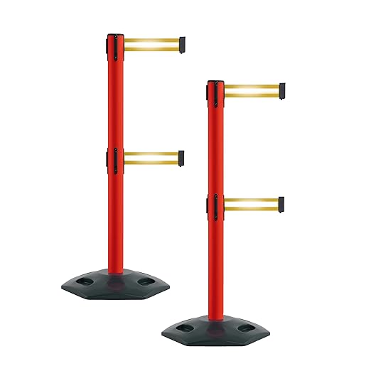 Montour Line MSR630D Set of 2 Retractable Belt Barrier Stanchion, Heavy-Duty Rubber Base, Red Post (13 ft Yellow with Horizontal Reflective Stripe Dual Belt)