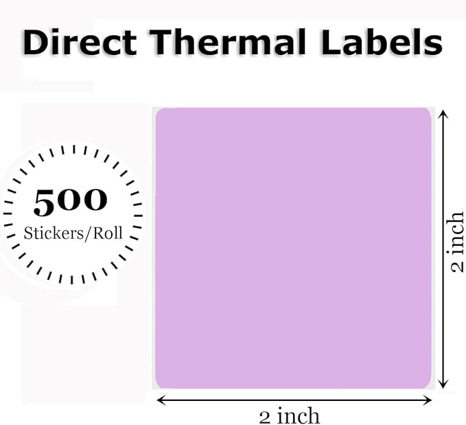 2" x 2" Thermal Labels Stickers Purple, Square Thermal Shipping Stickers, Multipurpose Inventory Self-Adhesive Direct Thermal Label for Small Business (500 Labels/Roll)