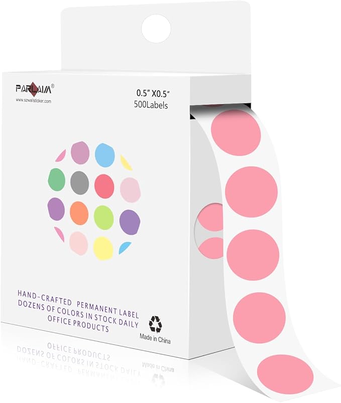 PARLAIM 1/2 Inch Round Adhesive Color-Code Dot Stickers,500 Stickers Inventory Dots Label in Dispenser Box,Pink Circle Coding Labels for Office Home(Pink)