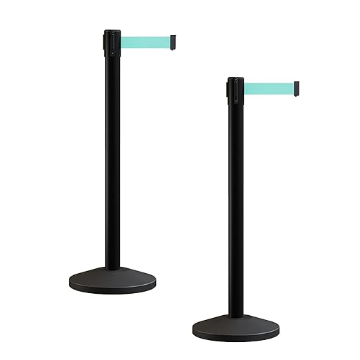 Crowd Control Warehouse CCW Series RBB-100 - Set of 2 Stanchion Retractable Belt Barriers - 11 Foot, Light Green Belt with Black Post - Easy Assembly