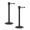 Montour Line MSR760 Set of 2 Retractable Belt Barrier Stanchion, Rubber Base, Black Powder Coated Post (35 ft Blue and White Diagonal Belt)