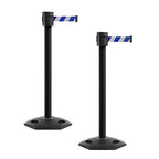 Montour Line MSR760 Set of 2 Retractable Belt Barrier Stanchion, Rubber Base, Black Powder Coated Post (35 ft Blue and White Diagonal Belt)