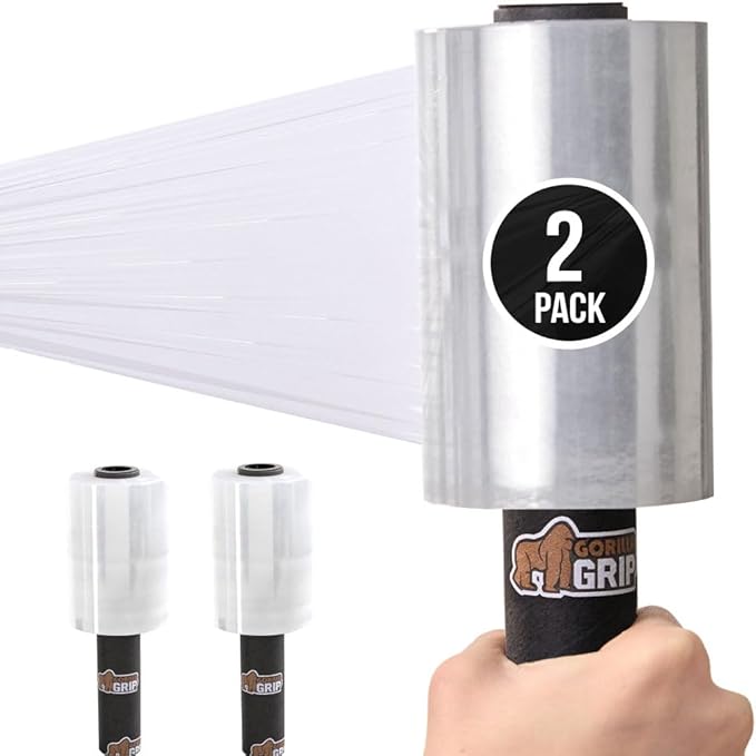 GORILLA GRIP 500% Shrink Wrap Roll with Handle, 5" 500ft Plastic Wrap Stretch Film, Puncture Resistant Industrial Strength Moving Supplies, Pallet Storing, Packing Furniture Protection, 2 Pack Clear