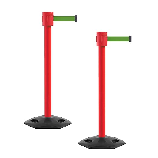 Montour Line MSR760 Set of 2 Retractable Belt Barrier Stanchion, Rubber Base, Red Post (35 ft Green Belt)