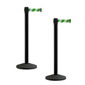 Crowd Control Warehouse CCW Series RBB-100 - Set of 2 Stanchion Retractable Belt Barriers - 9 Foot, Green and White Diagonal Belt with Black Post - Easy Assembly