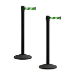 Crowd Control Warehouse CCW Series RBB-100 - Set of 2 Stanchion Retractable Belt Barriers - 11 Foot, Green and White Diagonal Belt with Black Post - Easy Assembly