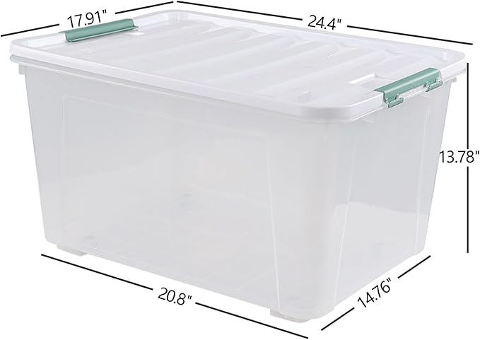 4 Packs Large 80 L Plastic Storage Bins with Wheels, Stackable Garage Organizer Container, Latching Storage Tote Boxes for Closet, Clear & White Lid