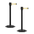 Montour Line MSR760 Set of 2 Retractable Belt Barrier Stanchion, Rubber Base, Black Powder Coated Post (35 ft Yellow with Horizontal Reflective Stripe Belt)