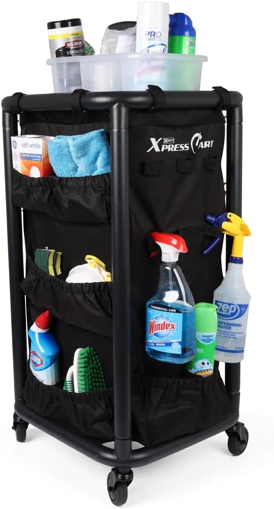 Multipurpose Rolling Janitorial Cart – Ideal for Garage Organization, Car Detailing, Laundry Room/Home Cleaning – Compact Utility Cart on Wheels w/Steel Frame, Organizer & Black Bag – Matte Black