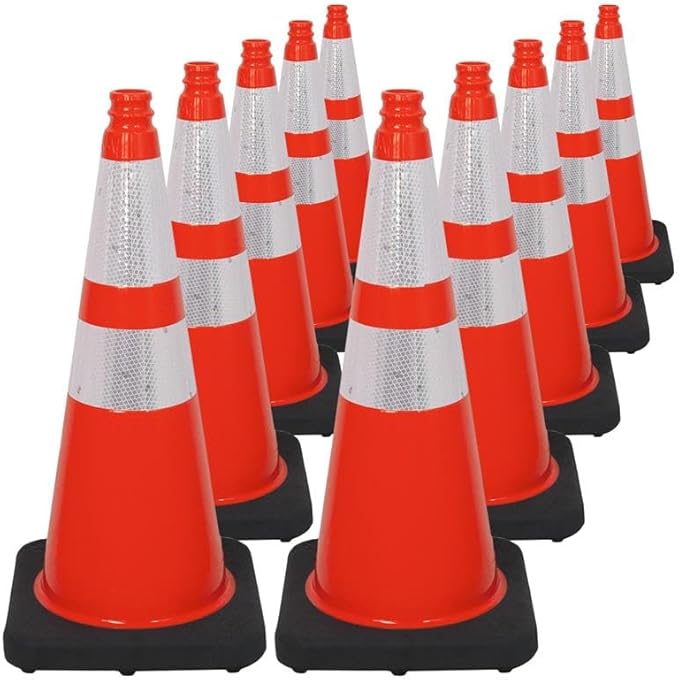 Brimar 28 Inch Traffic Cones, 10 Pack, Orange PVC Safety Cones with Black Base for Construction, Road Parking, MUTCD Approved Traffic Cones with 3M Reflective Bands, Structurally Stable Wearproof