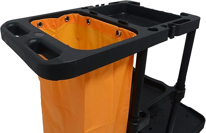 tonchean Commercial Janitorial Cart, 3-Shelf Large Capacity Housekeeping Cart with 25 Gallon Vinyl Bag & Wheels, 44.5" L x 22" W x 36.6" H, Utility Clean Trolley for Professional Cleaning, Black
