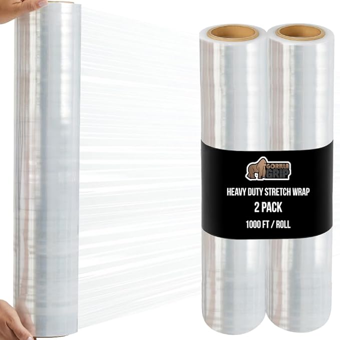 GORILLA GRIP 500% Stretch Film Heavy Duty Plastic, 2 Pack 1000ft Shrink Wrap Rolls 24" Puncture Resistant, Industrial Strength for Pallet Storing, Wrapping, Moving, Packing Furniture Protection Clear