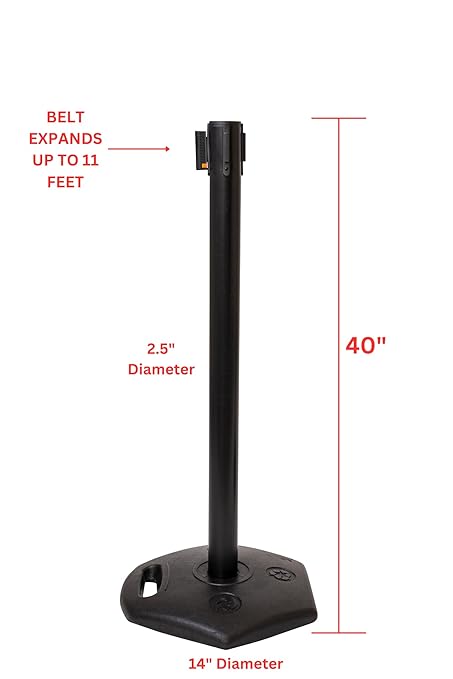 Xpress Safety Stanchion– 11’ Premium Polyester Belt, Universal 4-Way Connection, Rubber Base, Handle, 40” Height, 21 lbs – (Outdoor Black Post, Rubber Base, 11’ Chevron Yellow/Black Webbing)