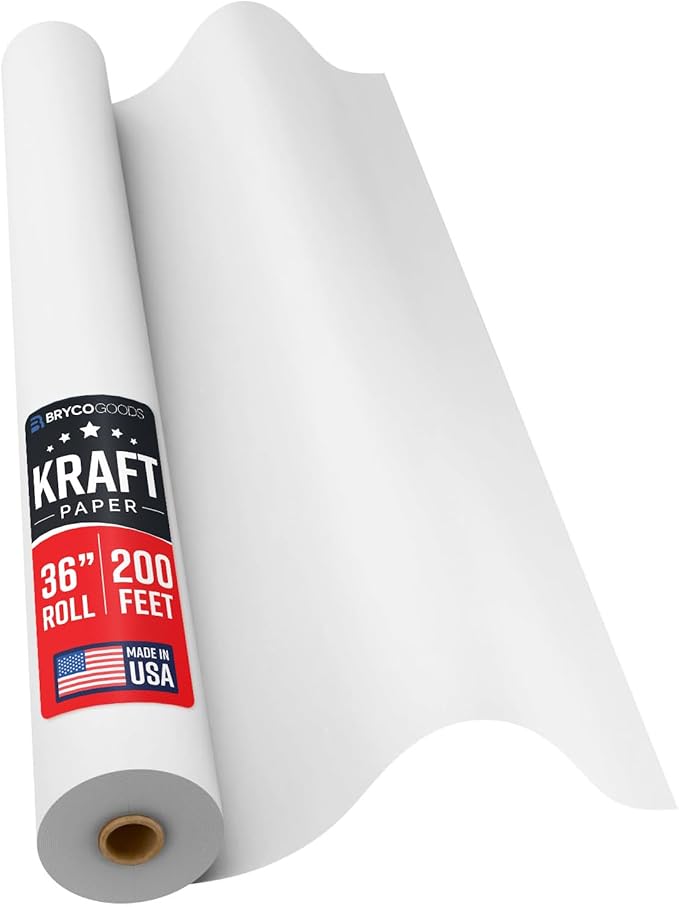 Bryco Goods 36”x2400” (200’) White Wrapping Paper – Kraft Paper Roll for Painting, Drawing, Banner, Bulletin Board, Easel Use, Floor Covering, Packaging, Shipping, Arts & Crafts – Made in USA
