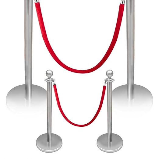 Stainless Steel Stanchions with Red Velvet Ropes, 4PCS Crowd Control Barriers Set with Fillable Weighted Base, No-Tool Assembly for Weddings, Events, Queue Management