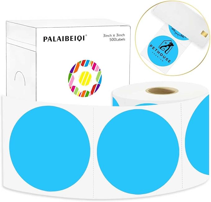 3 X 3 Inch Round Thermal Labels Circle Color Coding Labels Printable Waterproof 500PCS Round Stickers Adhesive Writable for Office, Home, Garage, DIY Sticker, Name Tag,Sky Blue