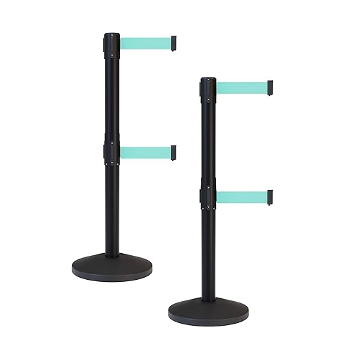 Crowd Control Warehouse CCW Series RBB-100D Set of 2 Stanchion Retractable Belt Barriers - Sloped Base, 11 Foot, Light Green Dual Belt with Black Post - Easy Assembly